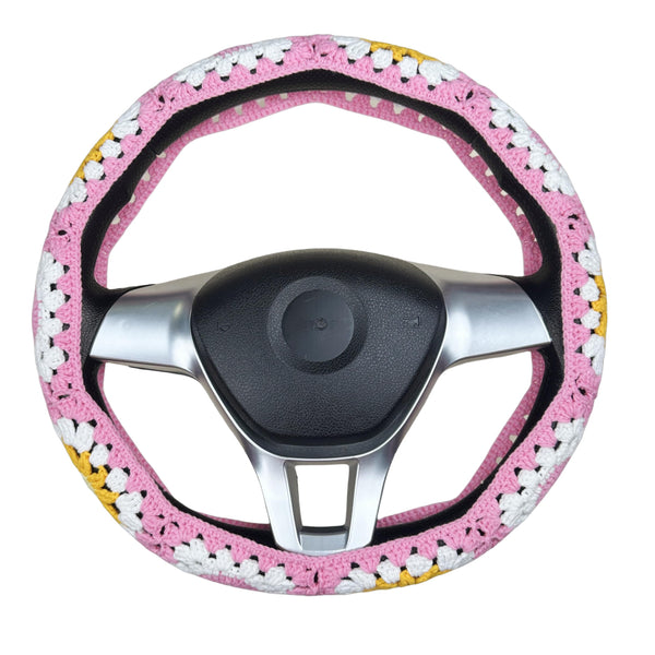 Handmade Crochet Pink Sun and moon Steering Wheel Cover for Women Girl, Cute Flower Seat Belt Cover, Car Interior Accessories Decorations,new car gift