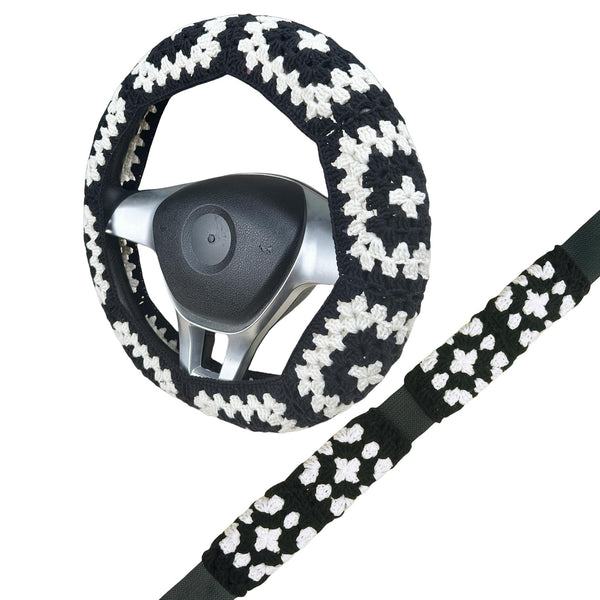 Handmade Crochet  vintage black and white Steering Wheel Cover for Women Girl, Cute Colorful Flower Seat Belt Cover, Car Interior Accessories Decorations.