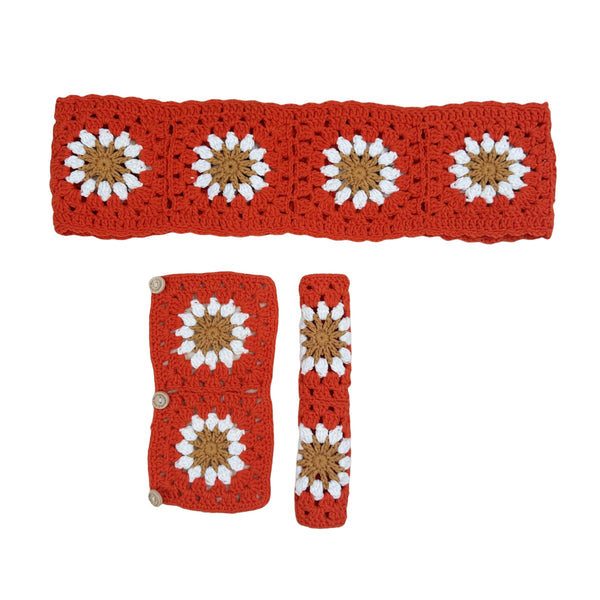 Handmade Crochet red Orange flower Steering Wheel Cover for Women Girl, Cute Colorful Flower Seat Belt Cover, Car Interior Accessories Decorations.