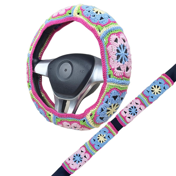 Handmade Crochet vintage Pink and blue Steering Wheel Cover for Women Girl, Cute Flower Seat Belt Cover, Car Interior Accessories Decorations,new car gift