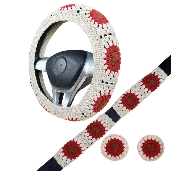 Handmade Crochet  Vintage Red flower Steering Wheel Covers Universal 14-15 inch for Women and Men,New Car Gift,Handmade Gift,Gift for her