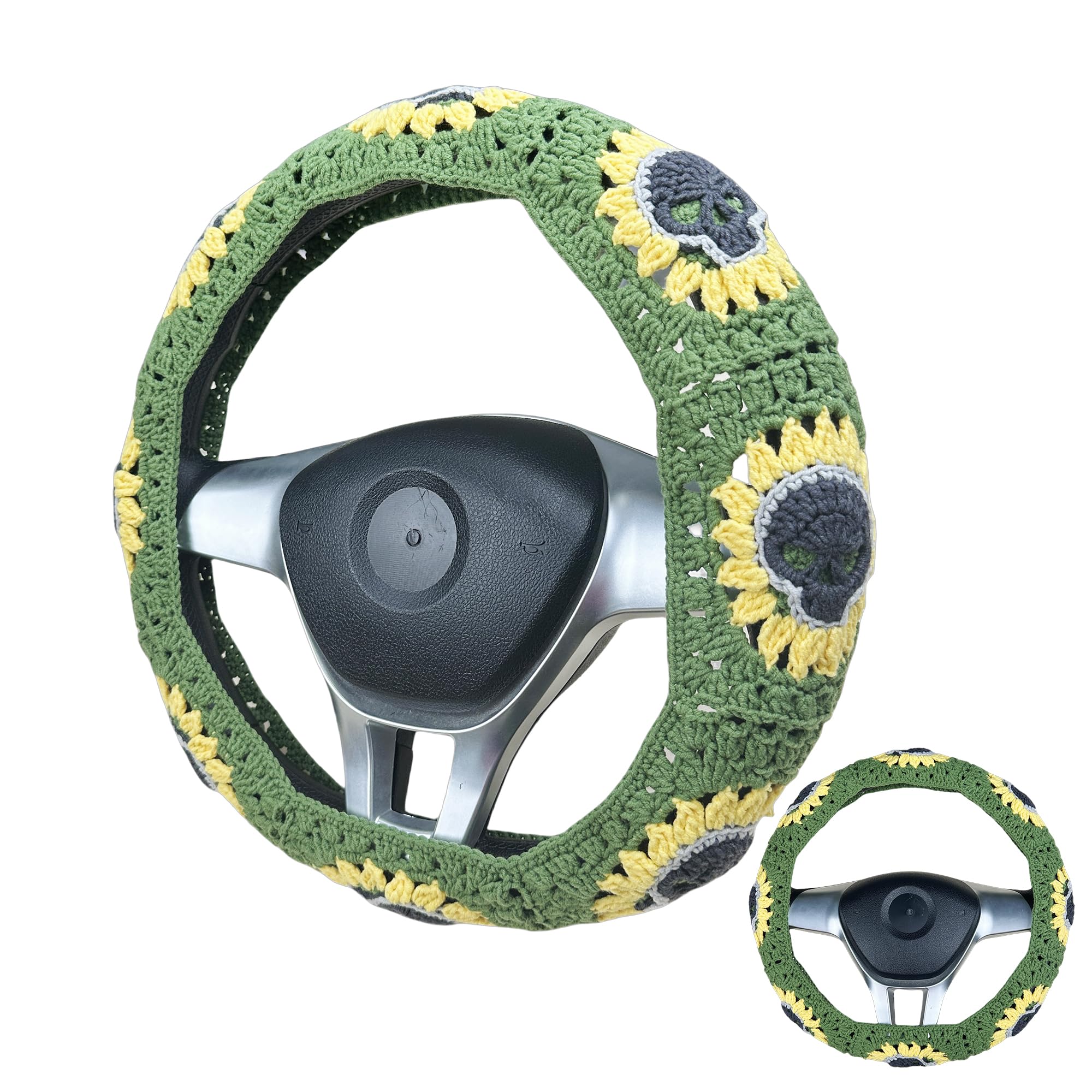 Handmade Crochet gothic skull sunflower Steering Wheel Cover for Women Girl, Cute Colorful Flower Seat Belt Cover, Car Interior Accessories Decorations.