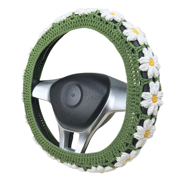 Handmade Crochet white daisy Steering Wheel Cover for Women Girl, Cute Colorful Flower Seat Belt Cover, Car Interior Accessories Decorations.
