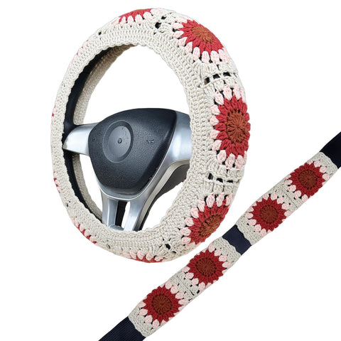 Handmade Crochet  Vintage Red flower Steering Wheel Covers Universal 14-15 inch for Women and Men,New Car Gift,Handmade Gift,Gift for her
