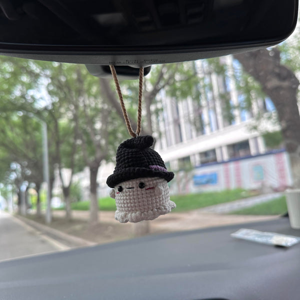 Crochet Halloween Ghost with hat Car Accessories Hanging Ornament   and Pendant for Car Rear View Mirror Interior Decoration