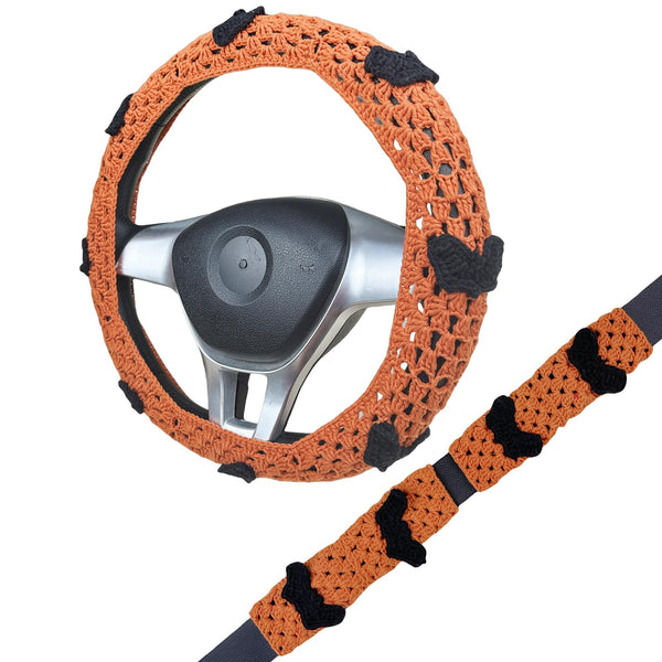 Handmade halloween Crochet Bat Steering Wheel Cover for Women Girl, Cute Flower Seat Belt Cover, Car Interior Accessories Decorations,new car gift