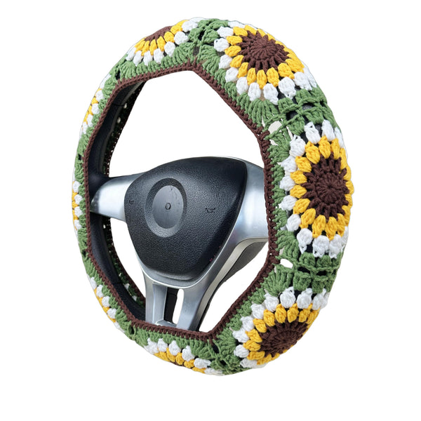 Handmade Crochet  Vintage Green Sunflower Steering Wheel Covers Universal 14-15 inch for Women and Men,New Car Gift,Handmade Gift,Gift for her