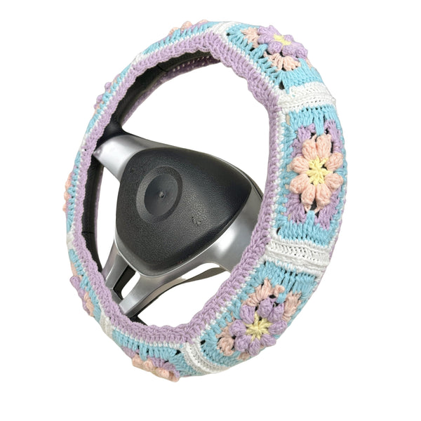 Handmade Crochet  purple and blue Cute flower Steering Wheel Covers Universal 14-15 inch for Women and Men,New Car Gift,Handmade Gift