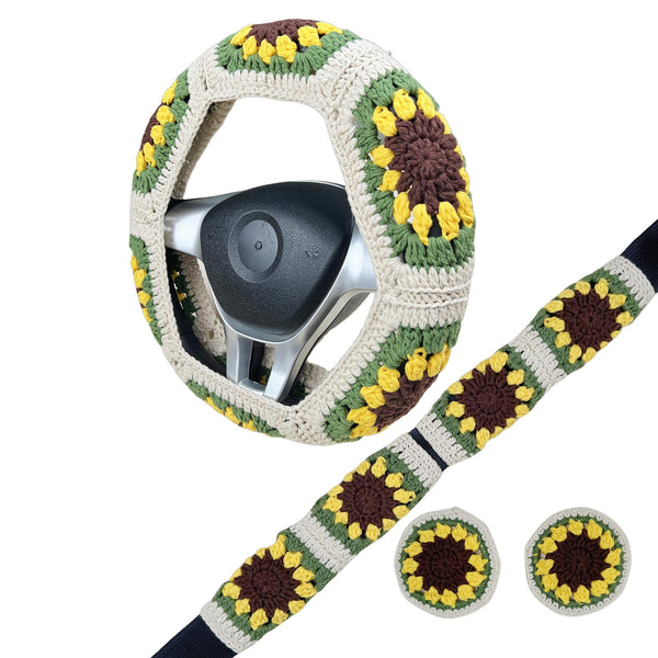 Handmade Crochet cute green Sunflower Steering Wheel Cover for Women Girl, Cute Colorful Flower Seat Belt Cover, Car Interior Accessories Decorations.