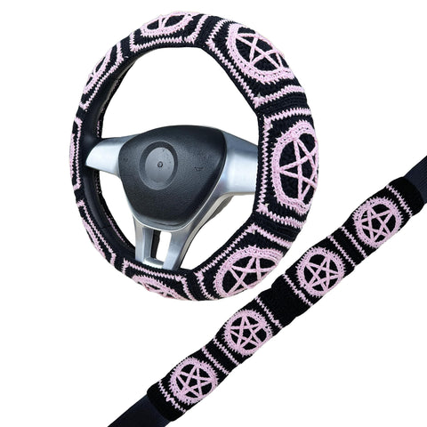 Handmade Crochet vintage star Steering Wheel Cover for Women Girl, Cute Colorful Flower Seat Belt Cover, Car Interior Accessories Decorations.