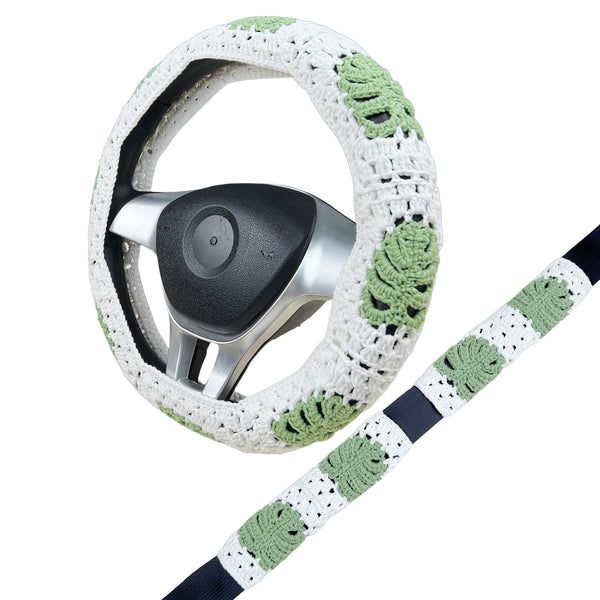 Handmade Crochet Monstera Steering Wheel Cover for Women Girl, Cute Colorful Flower Seat Belt Cover, Car Interior Accessories Decorations.