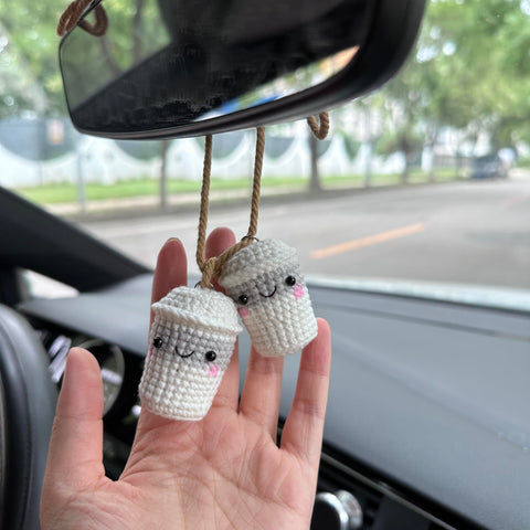 Crochet Two cute cup drink coffee Accessories Hanging Ornament   and Pendant for Car Rear View Mirror Interior Decoration