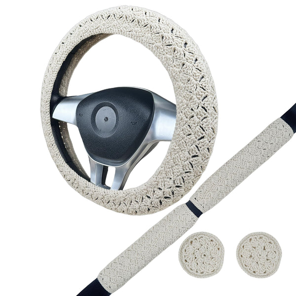 Handmade Crochet white Steering Wheel Cover for Women Girl, Cute Flower Seat Belt Cover, Car Interior Accessories Decorations,new car gift