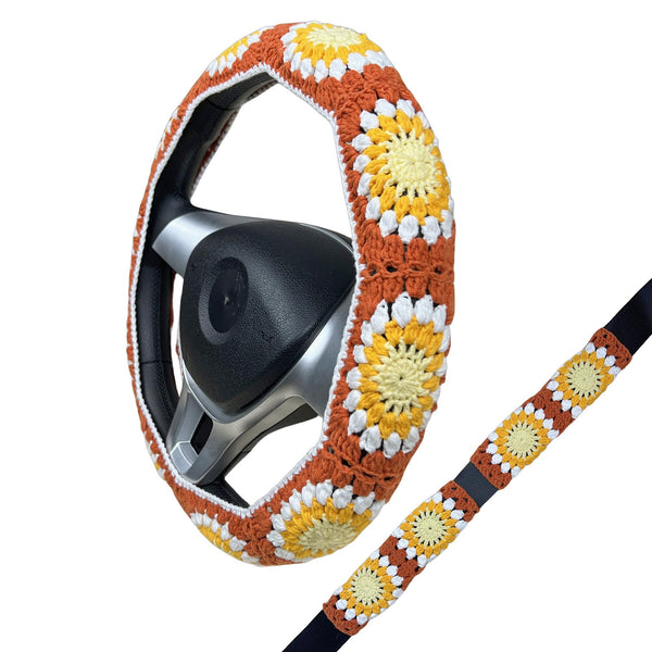 Handmade Crochet Orange Daisy Steering Wheel Covers Universal 14-15 inch for Women and Men