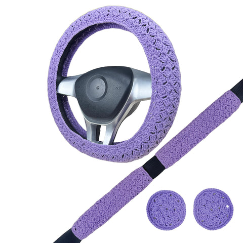 Handmade Crochet Purple Steering Wheel Cover for Women Girl, Cute Flower Seat Belt Cover, Car Interior Accessories Decorations.
