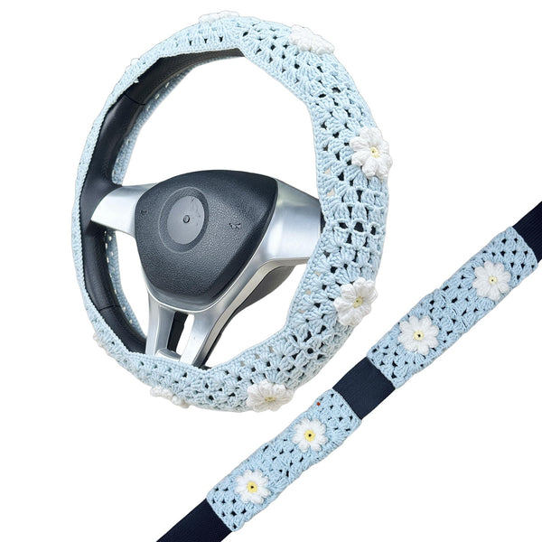 Handmade Crochet Light blue daisy Steering Wheel Cover for Women Girl, Cute Flower Seat Belt Cover, Car Interior Accessories Decorations,new car gift