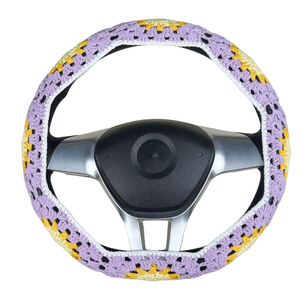 Handmade Crochet Purple Sun Steering Wheel Cover for Women Girl, Cute Flower Seat Belt Cover, Car Interior Accessories Decorations,new car gift