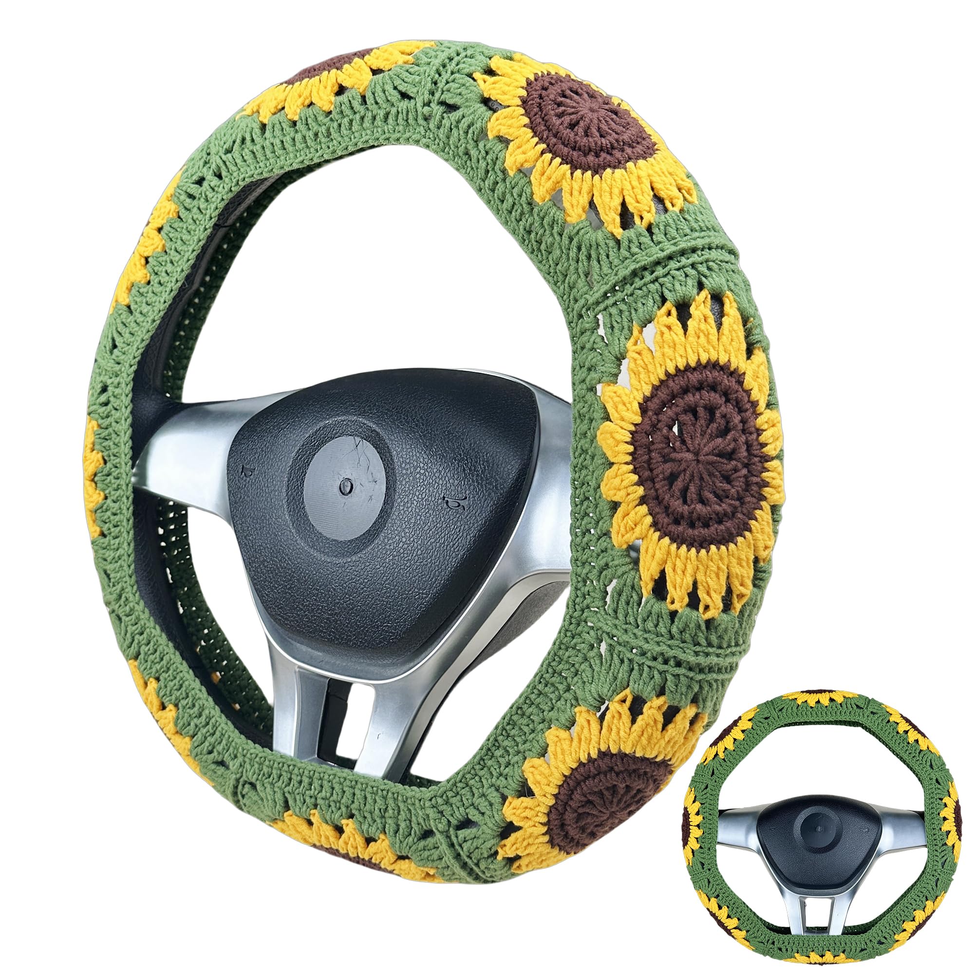 Handmade Crochet Green sunflower Steering Wheel Cover for Women Girl, Cute Flower Seat Belt Cover, Car Interior Accessories Decorations,new car gift