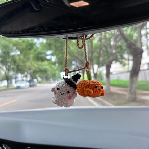 Crochet Halloween Ghost and pumpkin Car Accessories Hanging Ornament   and Pendant for Car Rear View Mirror Interior Decoration