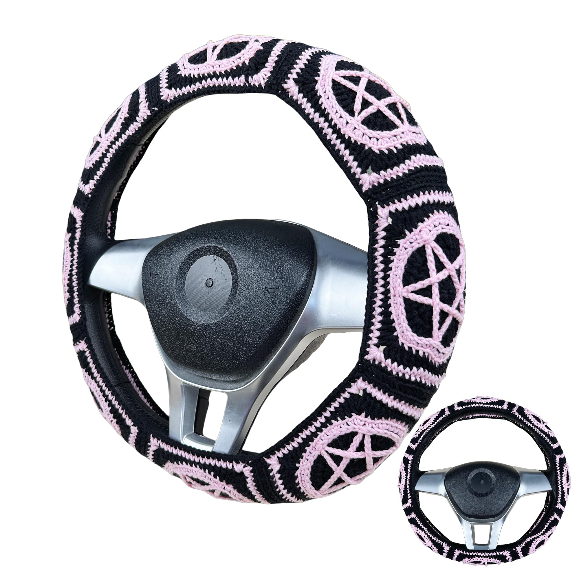 Handmade Crochet vintage star Steering Wheel Cover for Women Girl, Cute Colorful Flower Seat Belt Cover, Car Interior Accessories Decorations.
