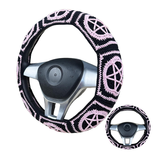 Handmade Crochet vintage star Steering Wheel Cover for Women Girl, Cute Colorful Flower Seat Belt Cover, Car Interior Accessories Decorations.