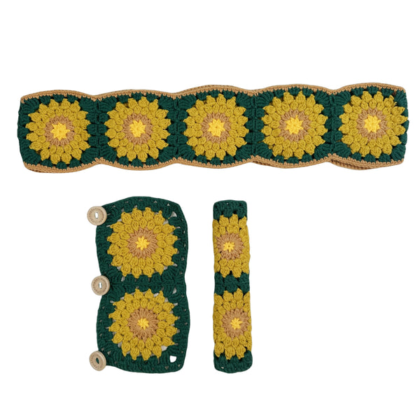 Handmade Crochet Green and yellow sunflower Steering Wheel Cover for Women Girl, Cute Colorful Flower Seat Belt Cover, Car Interior Accessories Decorations.