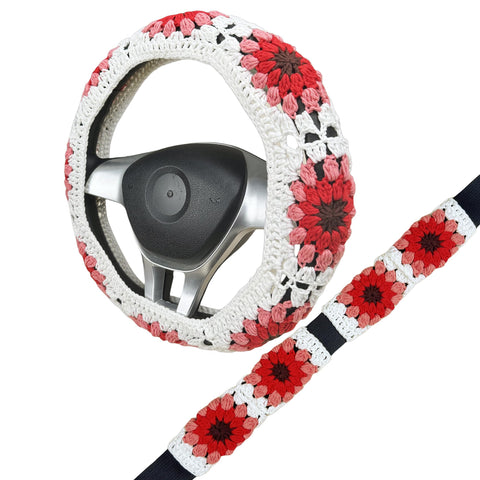 Handmade Crochet vintage red sunflower Steering Wheel Cover for Women Girl, Cute Colorful Flower Seat Belt Cover, Car Interior Accessories Decorations.