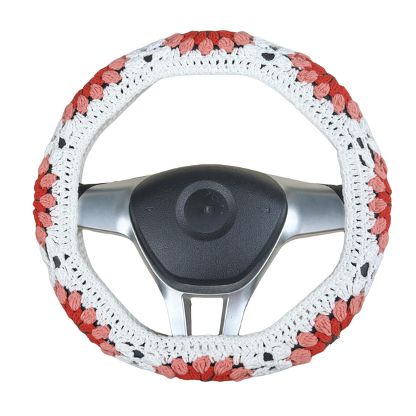 Handmade Crochet vintage red sunflower Steering Wheel Cover for Women Girl, Cute Colorful Flower Seat Belt Cover, Car Interior Accessories Decorations.