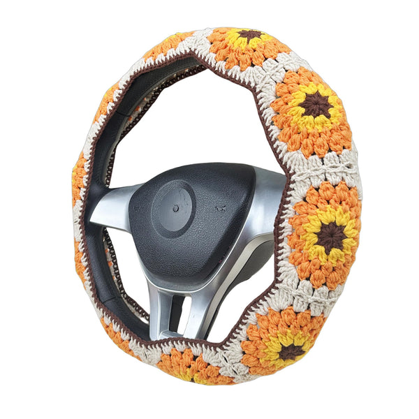 Handmade Crochet vintage orange sunflower Steering Wheel Cover for Women Girl, Cute Colorful Flower Seat Belt Cover, Car Interior Accessories Decorations.
