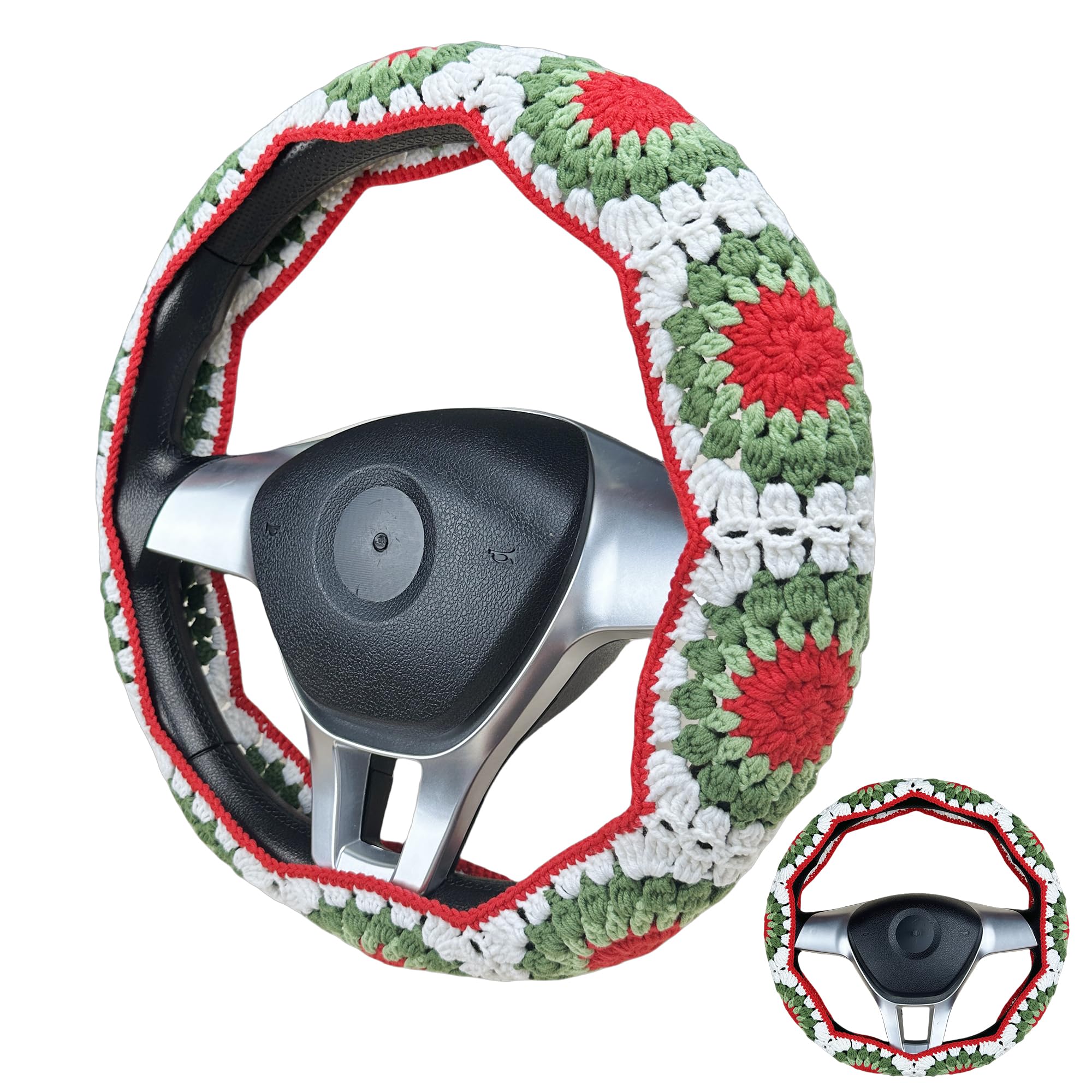 Handmade Crochet Christmas color Steering Wheel Cover for Women Girl, Cute Flower Seat Belt Cover, Car Interior Accessories Decorations,new car gift