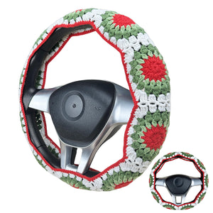 Handmade Crochet Christmas color Steering Wheel Cover for Women Girl, Cute Flower Seat Belt Cover, Car Interior Accessories Decorations,new car gift
