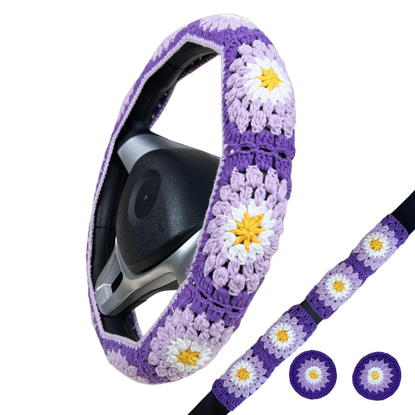 Handmade Crochet  Purple Daisy Granny Square Car Steering Wheel Covers Universal 14-15 inch for Women and Men