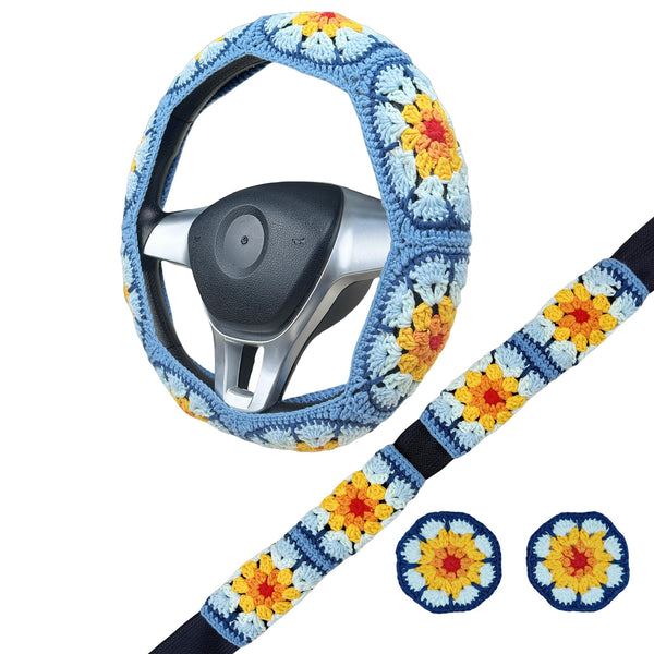Handmade Crochet Blue sunflower Steering Wheel Cover for Women Girl, Cute Flower Seat Belt Cover, Car Interior Accessories Decorations,new car gift