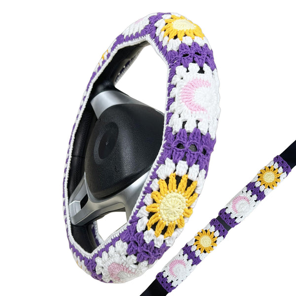 Handmade Crochet Purple Sun and Moon Granny Square Car Steering Wheel Covers Universal 14-15 inch for Women and Men
