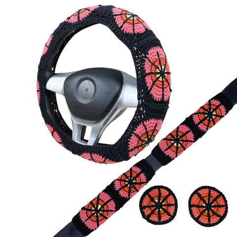 Handmade Crochet Spider web Steering Wheel Cover for Women Girl, Cute Colorful Flower Seat Belt Cover, Car Interior Accessories Decorations.