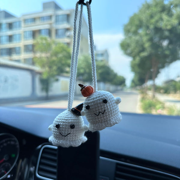 Crochet Halloween Two ghost Car Accessories Hanging Ornament   and Pendant for Car Rear View Mirror Interior Decoration