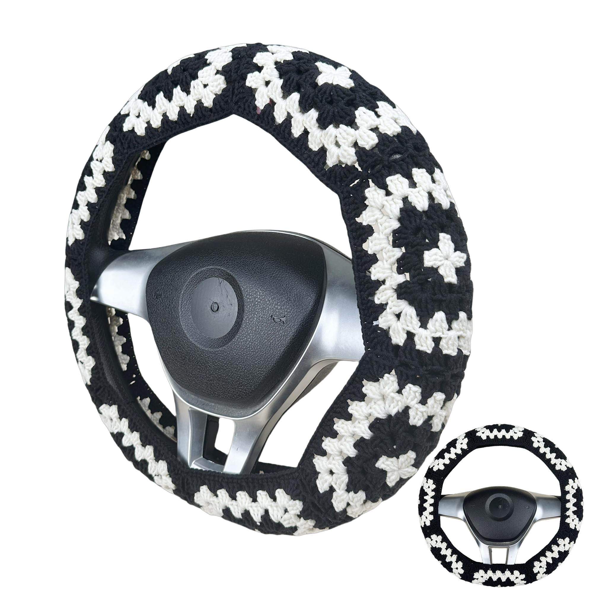 Handmade Crochet  vintage black and white Steering Wheel Cover for Women Girl, Cute Colorful Flower Seat Belt Cover, Car Interior Accessories Decorations.