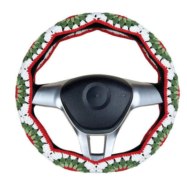 Handmade Crochet Christmas color Steering Wheel Cover for Women Girl, Cute Flower Seat Belt Cover, Car Interior Accessories Decorations,new car gift