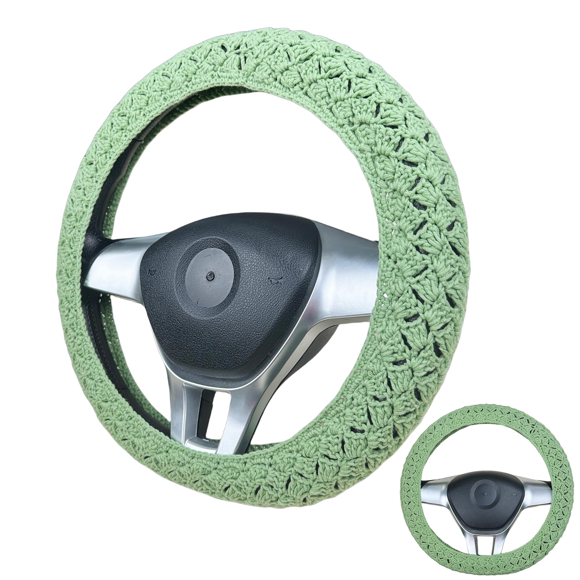 Handmade Crochet Green Steering Wheel Cover for Women Girl, Cute Flower Seat Belt Cover, Car Interior Accessories Decorations,new car gift