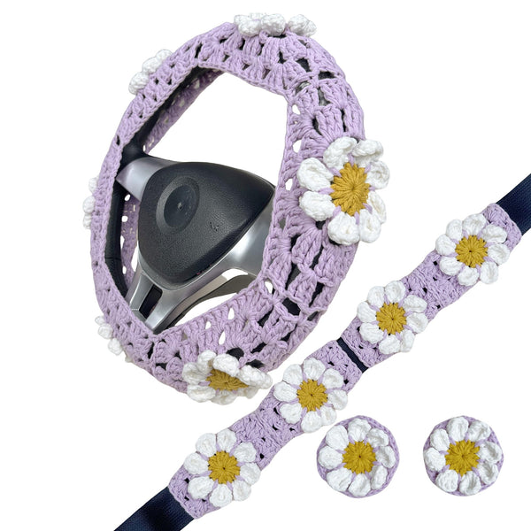 Handmade Crochet  Purple cute Daisy Steering Wheel Covers Universal 14-15 inch for Women and Men,New Car Gift,Handmade Gift,Gift for her