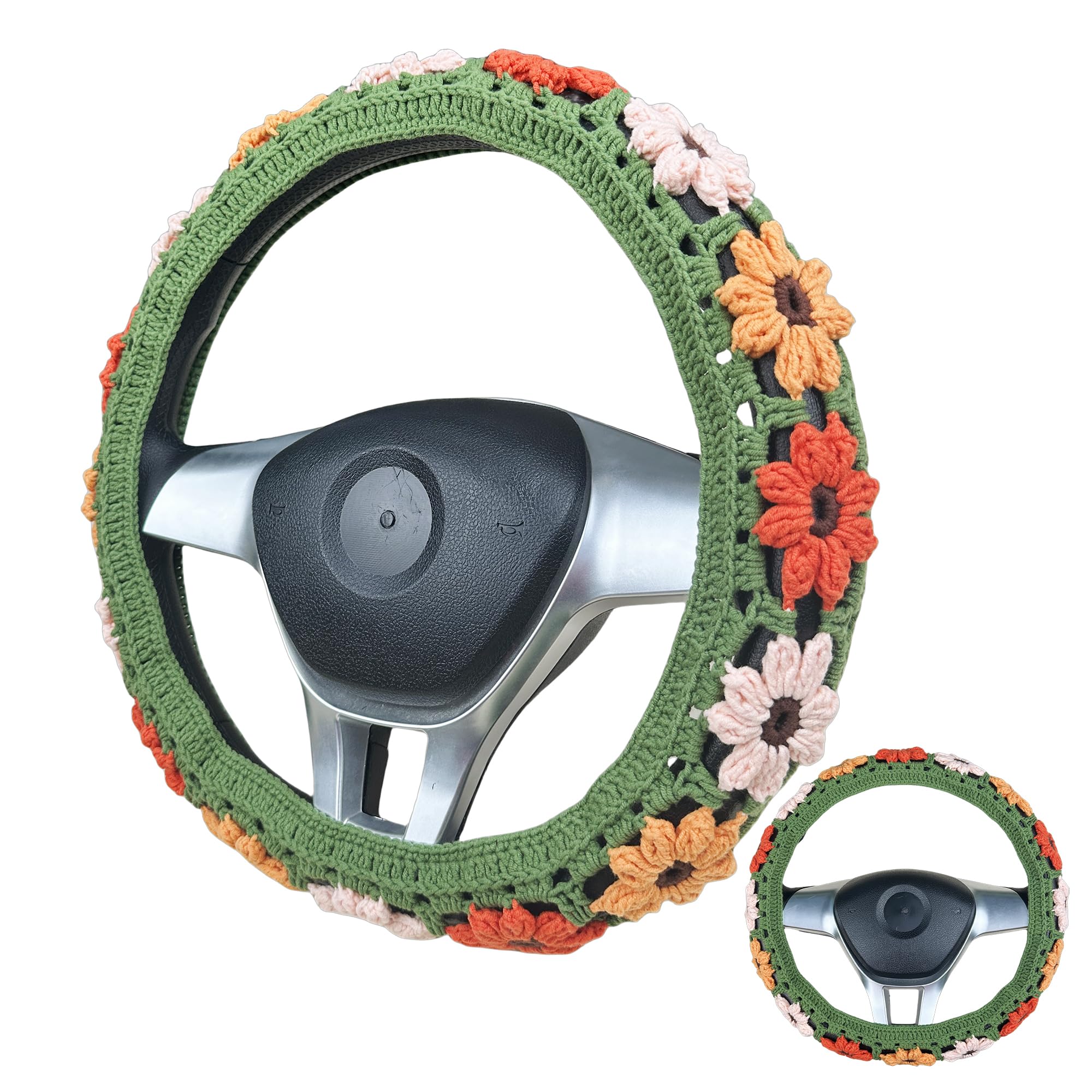 Handmade Crochet Muticolor flower Steering Wheel Cover for Women Girl, Cute Flower Seat Belt Cover, Car Interior Accessories Decorations,new car gift