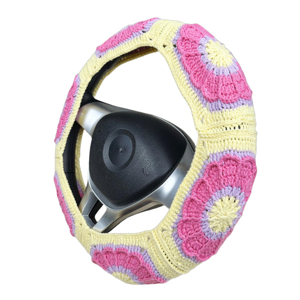 Handmade Crochet  Pink and Yellow cute flower Steering Wheel Covers Universal 14-15 inch for Women and Men,New Car Gift,Handmade Gift