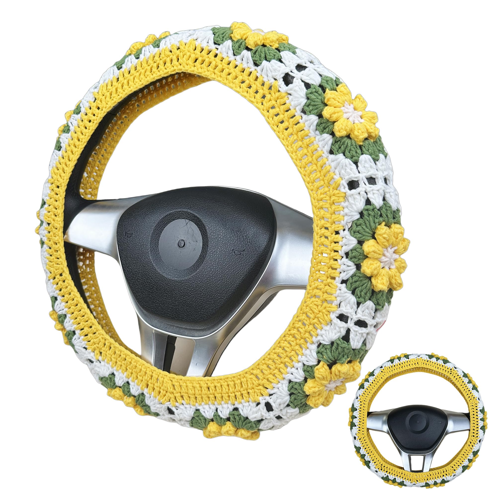 Handmade Crochet Yellow daisy Steering Wheel Cover for Women Girl, Cute Flower Seat Belt Cover, Car Interior Accessories Decorations,new car gift