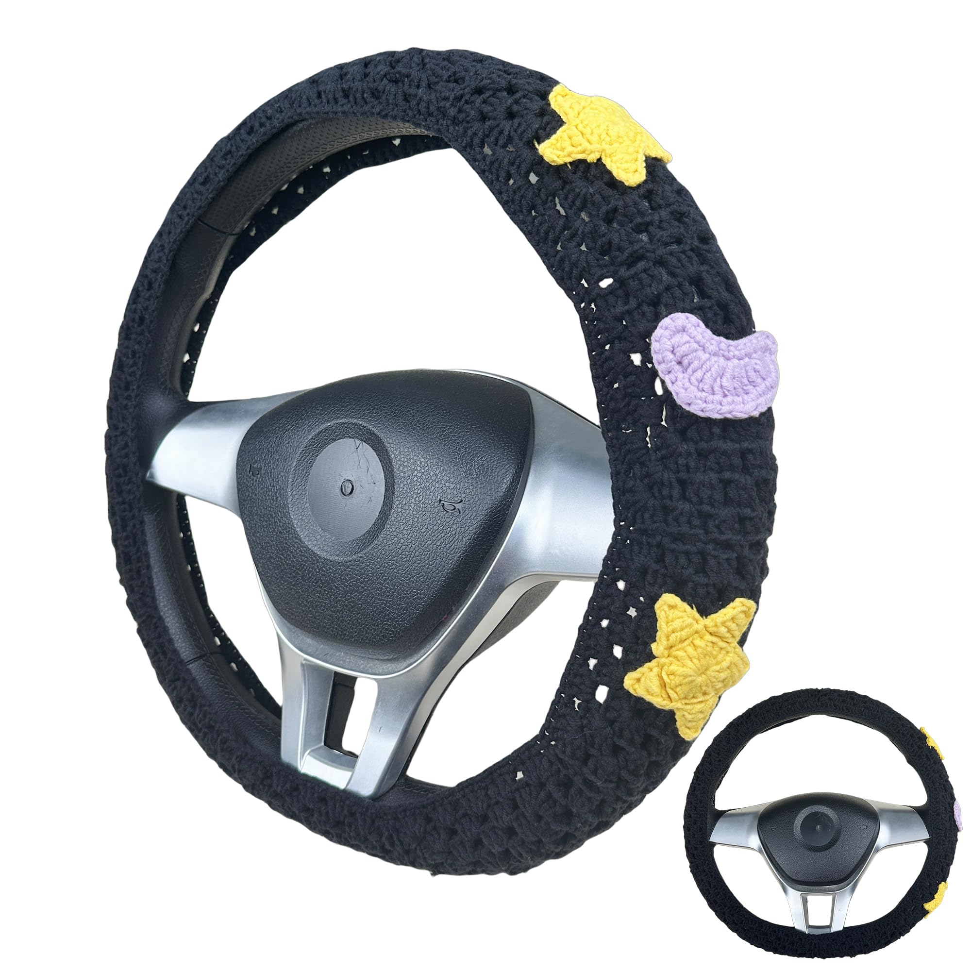 Handmade Crochet Black star and moon Steering Wheel Cover for Women Girl, Cute Colorful Flower Seat Belt Cover, Car Interior Accessories Decorations.