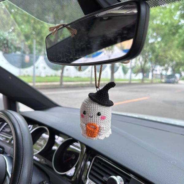 Crochet Halloween Cute Ghost with bag  Car Accessories Hanging Ornament   and Pendant for Car Rear View Mirror Interior Decoration