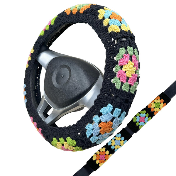 Handmade Crochet  Vintage Multicolor flower Steering Wheel Covers Universal 14-15 inch for Women and Men,New Car Gift,Handmade Gift