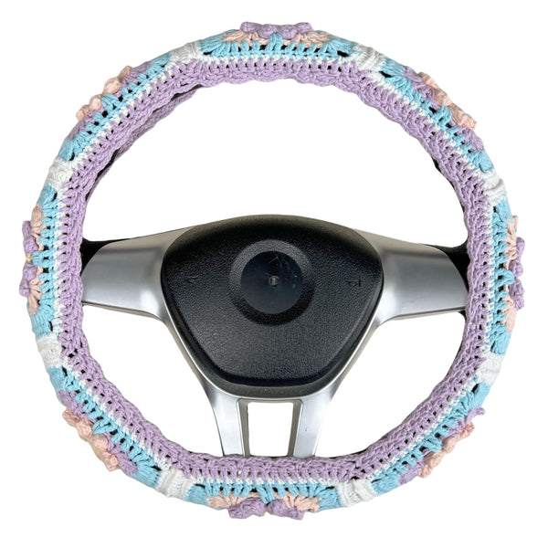 Handmade Crochet  purple and blue Cute flower Steering Wheel Covers Universal 14-15 inch for Women and Men,New Car Gift,Handmade Gift