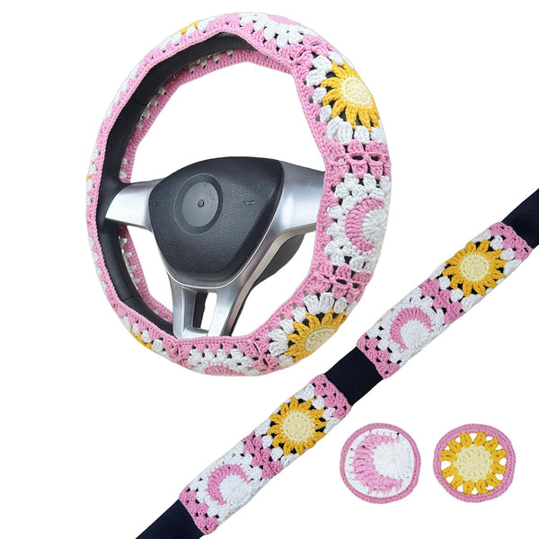 Handmade Crochet Pink Sun and moon Steering Wheel Cover for Women Girl, Cute Flower Seat Belt Cover, Car Interior Accessories Decorations,new car gift