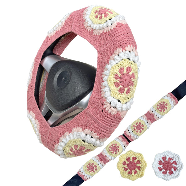 Handmade Crochet Pink Yellow flower Steering Wheel Covers Universal 14-15 inch for Women and Men,New Car Gift,Handmade Gift