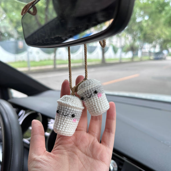 Crochet Two cute cup drink coffee Accessories Hanging Ornament   and Pendant for Car Rear View Mirror Interior Decoration